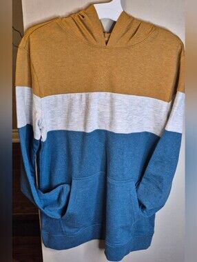 Young Men's Colorblock Hooded Sweater - Mustard, White & Blue. Sz 12-14
